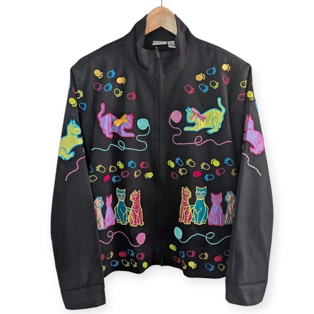 Bleu Bayou Colorful Cat Embroidered Jacket Medium